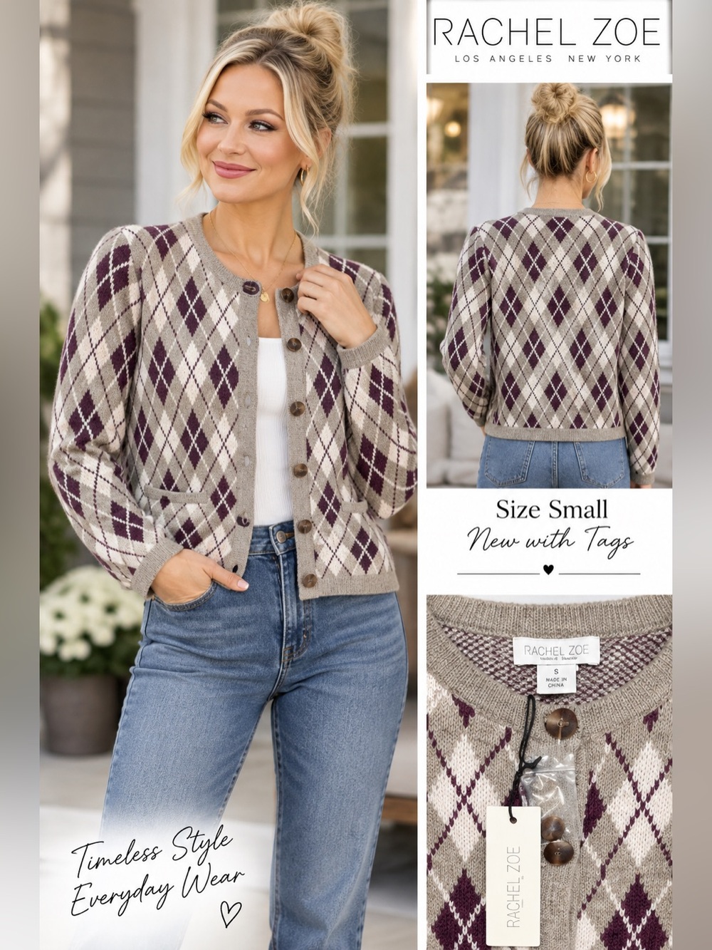 Rachel Zoe Argyle Knit Cardigan Sweater Button Front Pockets Small S NWT - Picture 6 of 6